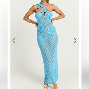 EMALENE MAXI DRESS - CROCHET FLORAL DETAIL DRESS IN BLUE - L